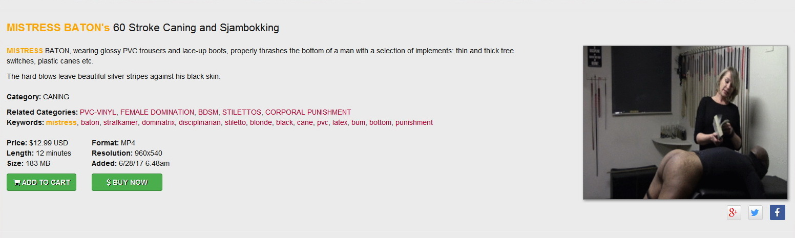 Strafkamer: MISTRESS BATON’s 60 Stroke Caning and Sjambokking