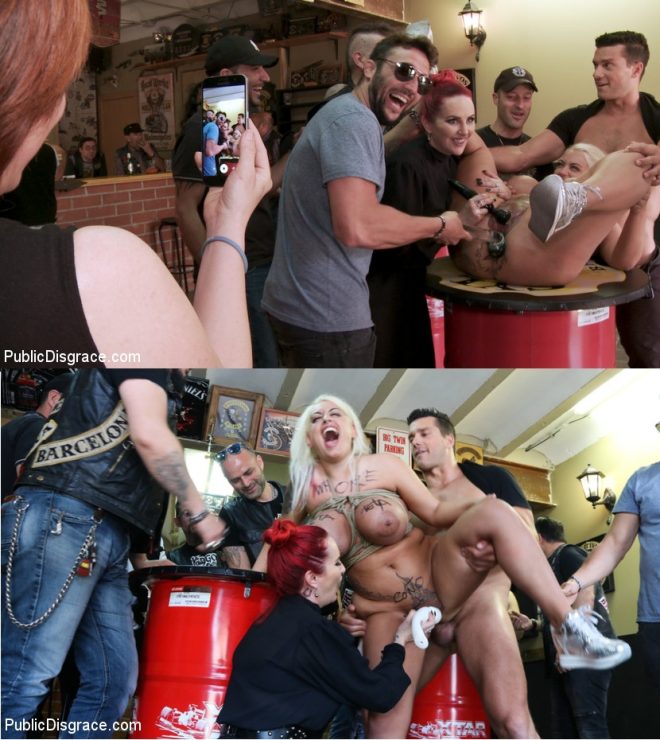 PUBLIC DISGRACE: December 24, 2018  – Ramon Nomar, Mz Berlin, Candela X/Busty Blonde Candela X Submits In Biker Bar